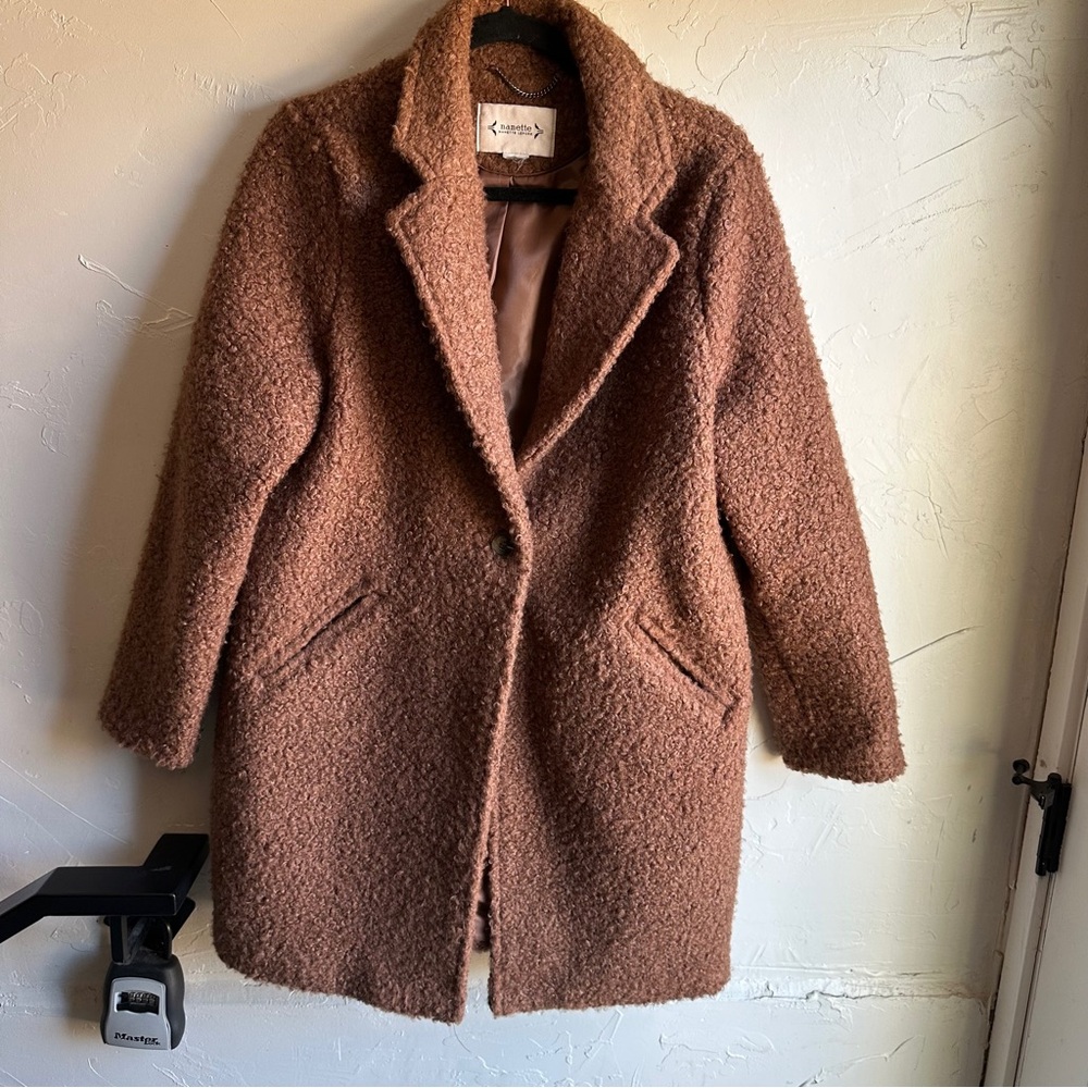 Nanette‎ Lepore Bouclé Teddy Coat Long Brown Cozy Neutral Soft Classic Sz M?